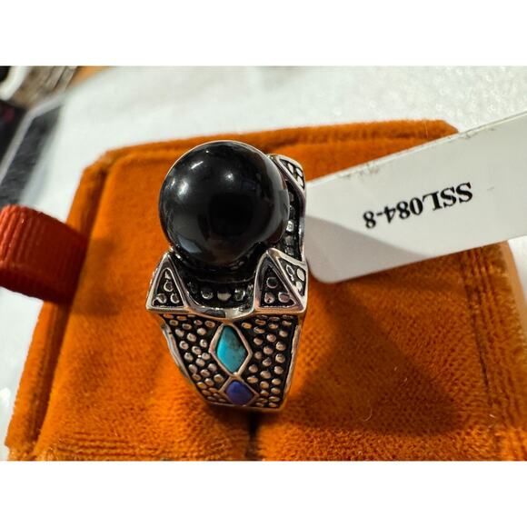 Stainless Steel Unisex Ring 7.5 Black Onyx Pearl Turquoise Statement Chunky - Picture 2 of 8
